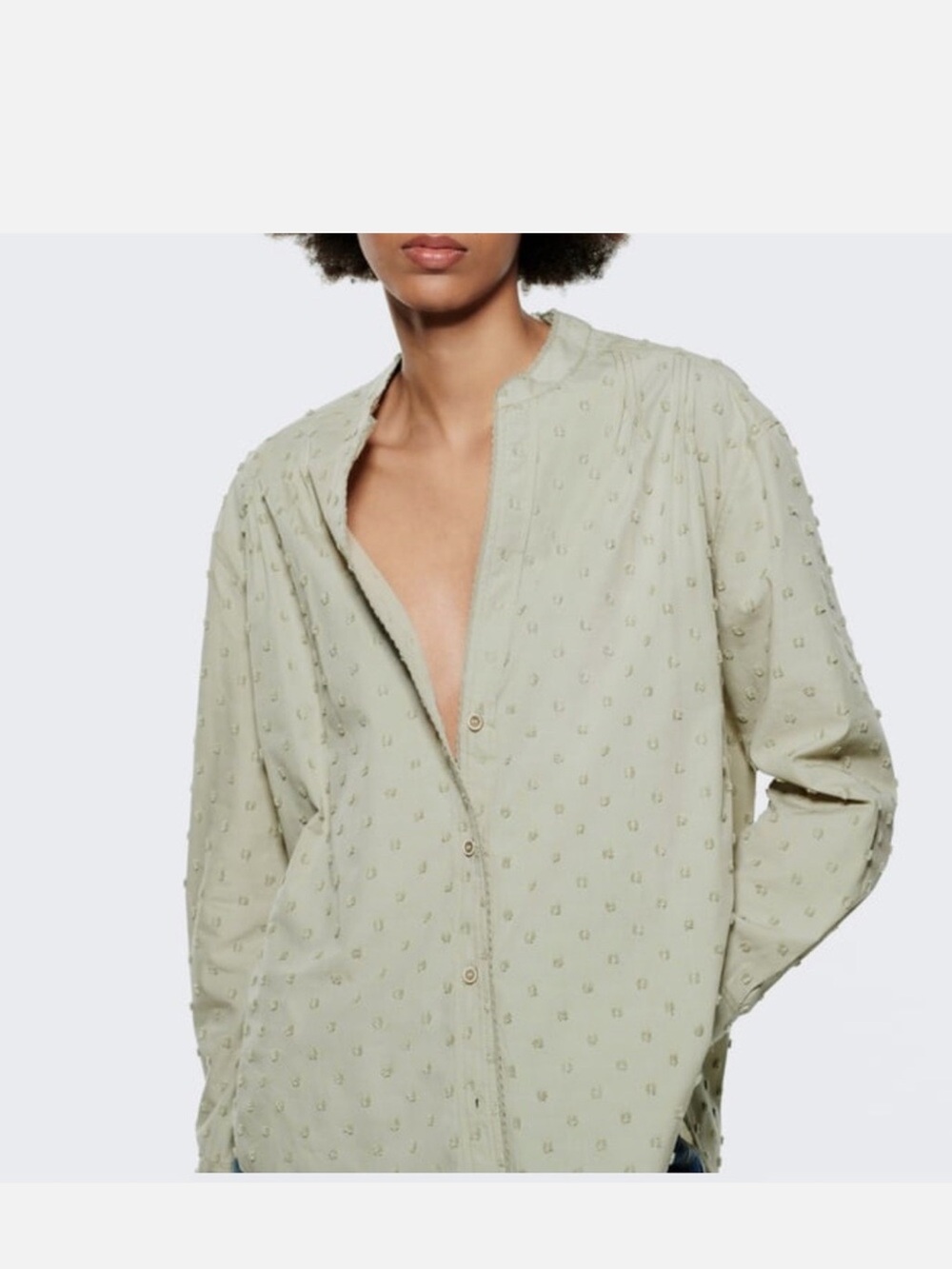 Zara Light Sage Textured Band-Collar Button-Down Shirt